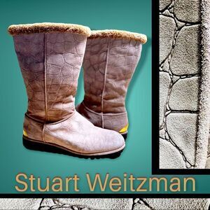 Stuart Weitzman Gray Tan Croc Embossed Winter Snow Boots Size 7 Medium